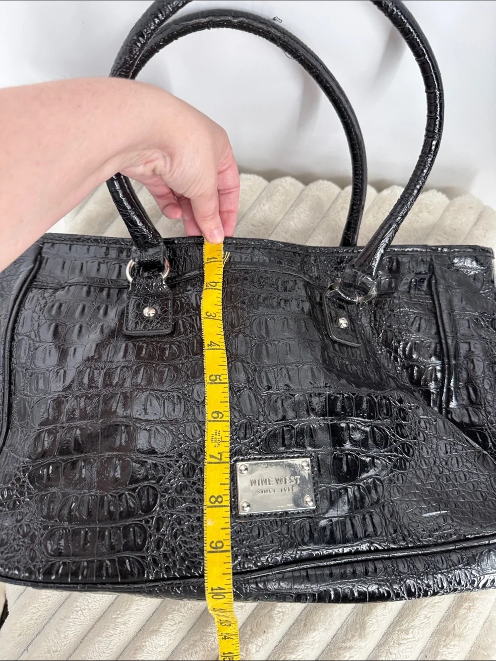 Vtg Y2K Nine West Black Croc-Embossed Structured Tote